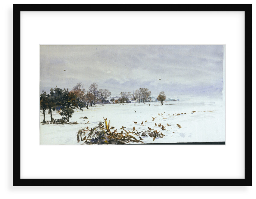 A landscape under snow with a flock of feeding birds in the foreground by William Lionel Wyllie