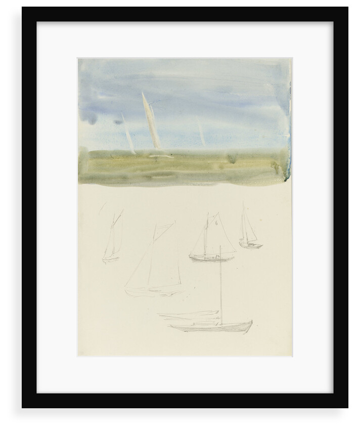 Three yachts at sea in the hazy distance with graphite sketches of yachts below by William Lionel Wyllie