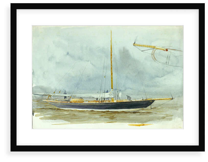 Portrait of a yacht at sea with crew on deck and detail of vessel enlarged in right-hand corner by William Lionel Wyllie