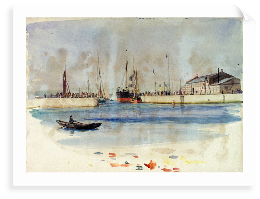 Quay with warehouse, steam vessel and figures, and rowing boat in foreground by William Lionel Wyllie
