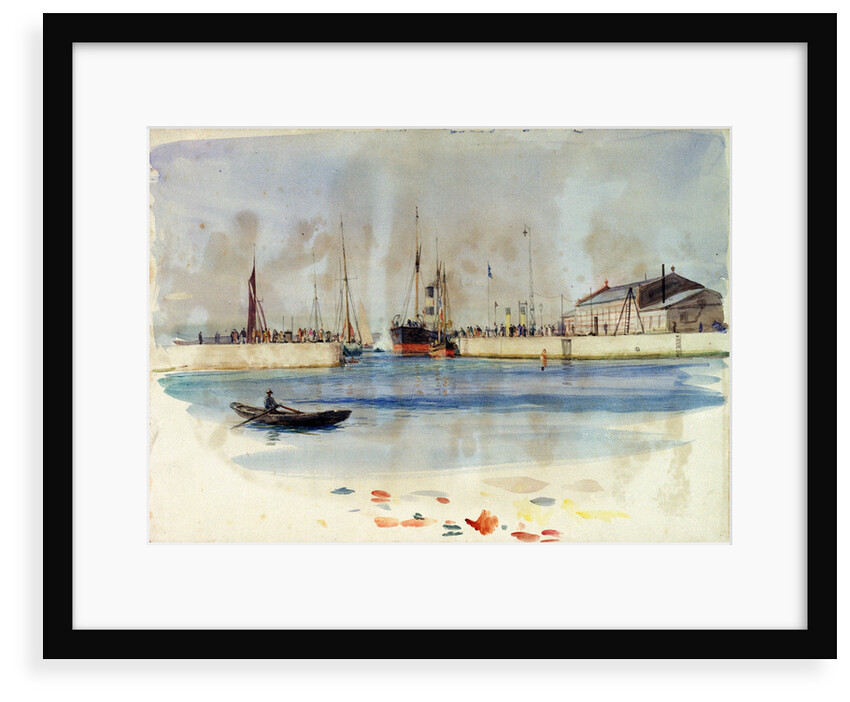 Quay with warehouse, steam vessel and figures, and rowing boat in foreground by William Lionel Wyllie