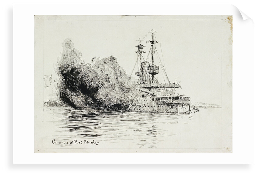 HMS 'Canopus' at Port Stanley, firing the opening salvoes of the Battle of the Falkland Islands, 8 December 1914 by William Lionel Wyllie