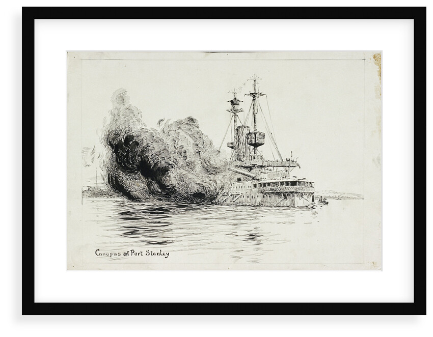 HMS 'Canopus' at Port Stanley, firing the opening salvoes of the Battle of the Falkland Islands, 8 December 1914 by William Lionel Wyllie