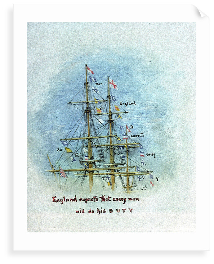 Three masts and rigging showing the flag signal 'England expects that every man will do his duty', annotated by William Lionel Wyllie