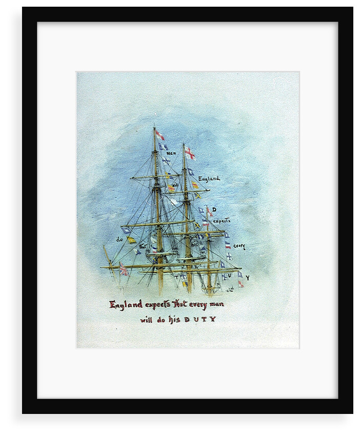 Three masts and rigging showing the flag signal 'England expects that every man will do his duty', annotated by William Lionel Wyllie