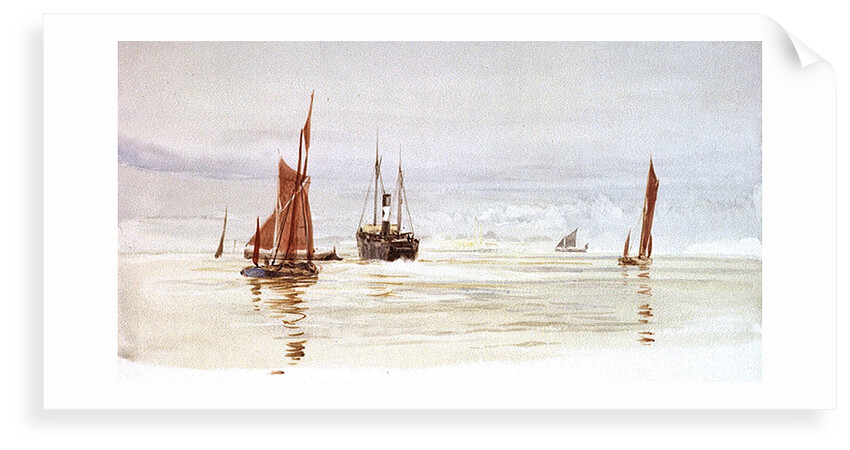 Sailing barges and a steamer, with a power station in the distance by William Lionel Wyllie