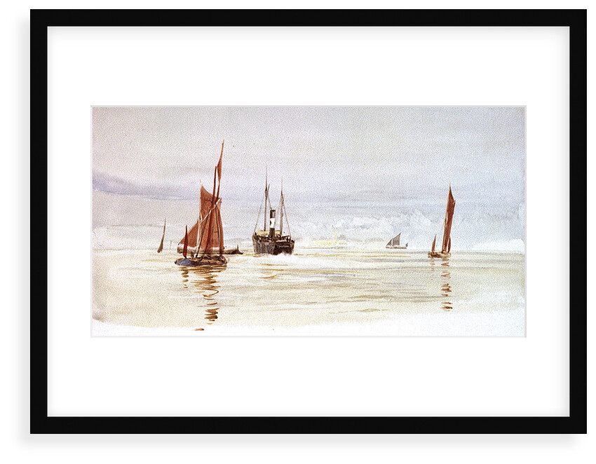 Sailing barges and a steamer, with a power station in the distance by William Lionel Wyllie