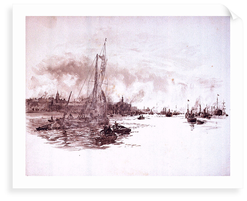 Port scene possibly London, with sailing barge and steam vessels by William Lionel Wyllie