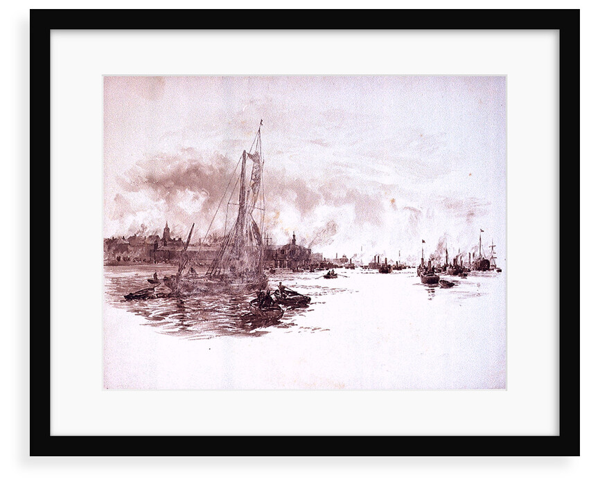 Port scene possibly London, with sailing barge and steam vessels by William Lionel Wyllie