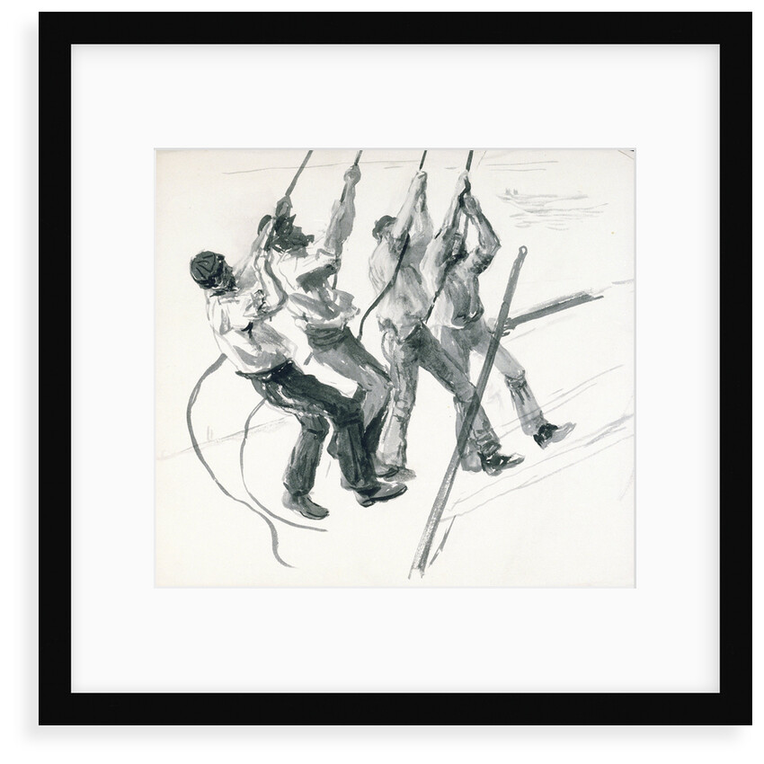 Sketch of four seamen pulling on ropes, loading coal? by William Lionel Wyllie