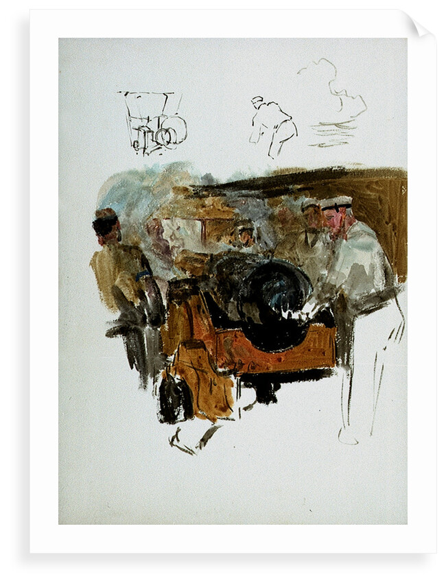 Scene showing a naval gun-crew at their station, and very rough sketches of sailing vessels on reverse by William Lionel Wyllie