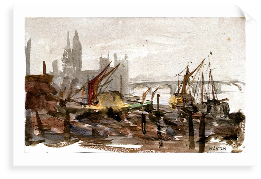 Vessels moored beside a river possibly the Thames, with bridge and large buildings outlined in background by William Lionel Wyllie