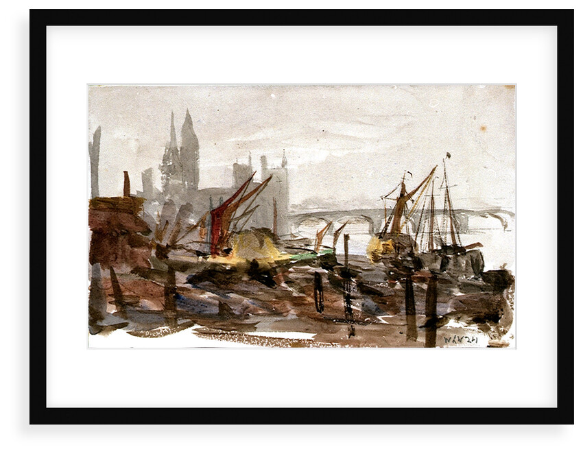 Vessels moored beside a river possibly the Thames, with bridge and large buildings outlined in background by William Lionel Wyllie