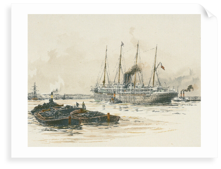 Passenger vessel 'Oruba' or 'Orotava' with barges in the foreground by William Lionel Wyllie