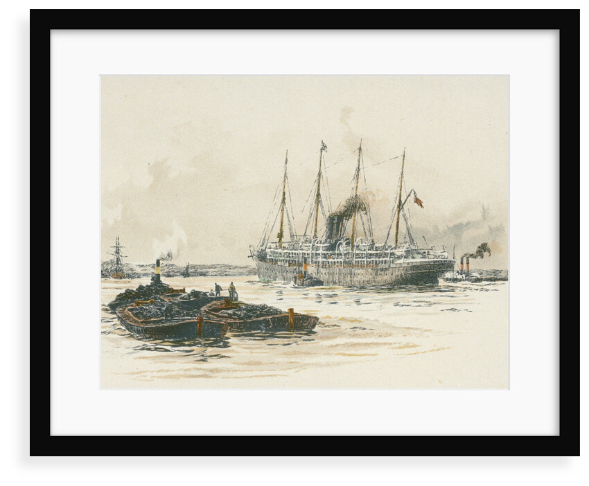 Passenger vessel 'Oruba' or 'Orotava' with barges in the foreground by William Lionel Wyllie