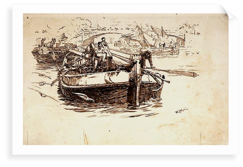 Barges on a river with bridge in the background by William Lionel Wyllie