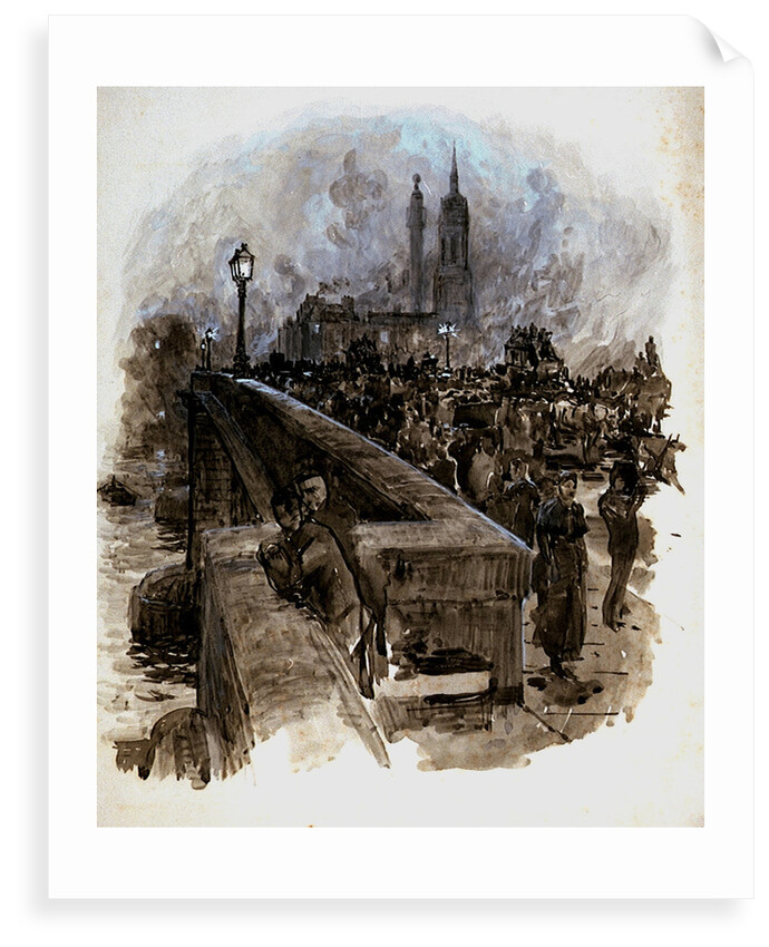 London Bridge with figures and traffic by William Lionel Wyllie