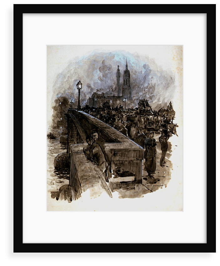London Bridge with figures and traffic by William Lionel Wyllie