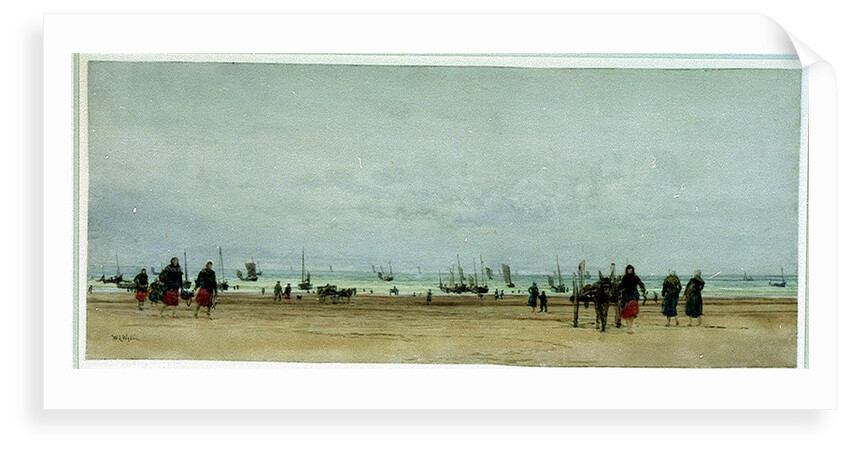 Beach scene with figures, donkey and cart, and small sailing vessels in the sea by William Lionel Wyllie