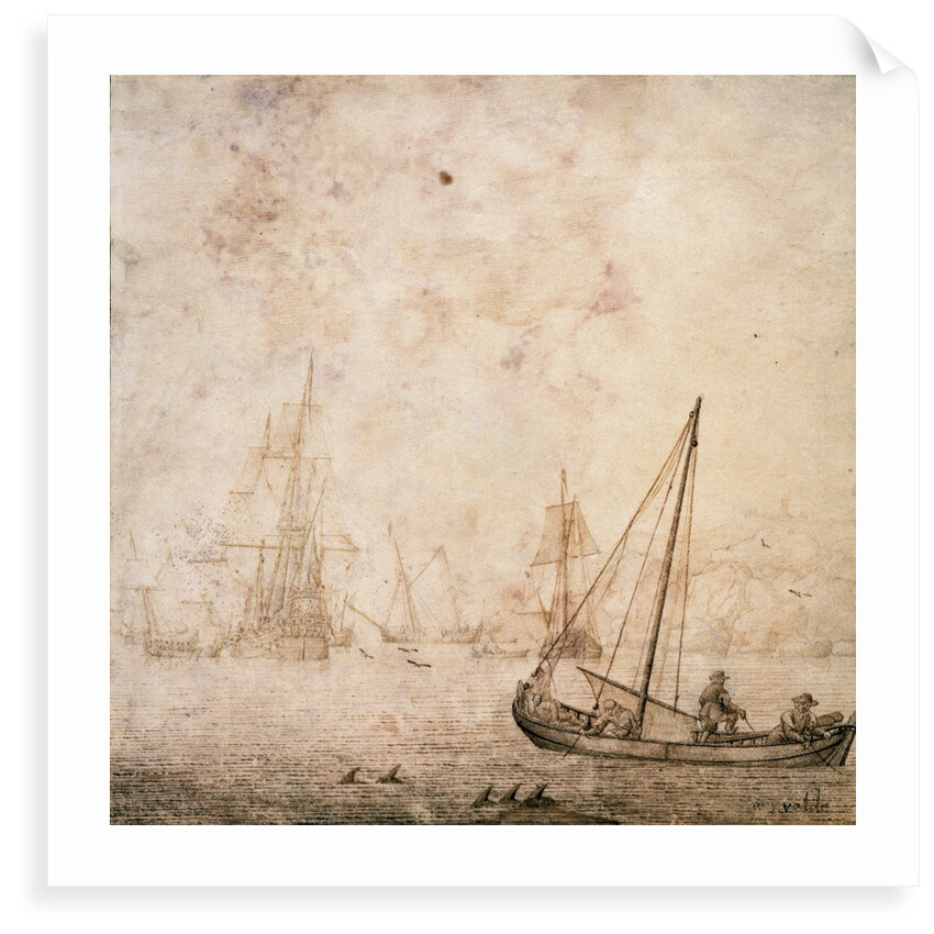 Weyschuit and other shipping near a rocky coast by Willem van de Velde the Elder