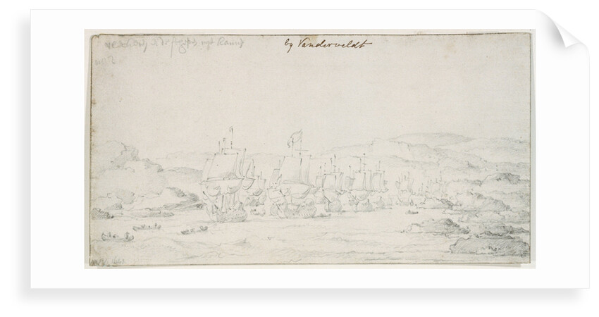 Ships and flutes sailing out from a fjord, probably Flekker, Norway by Willem van de Velde the Elder