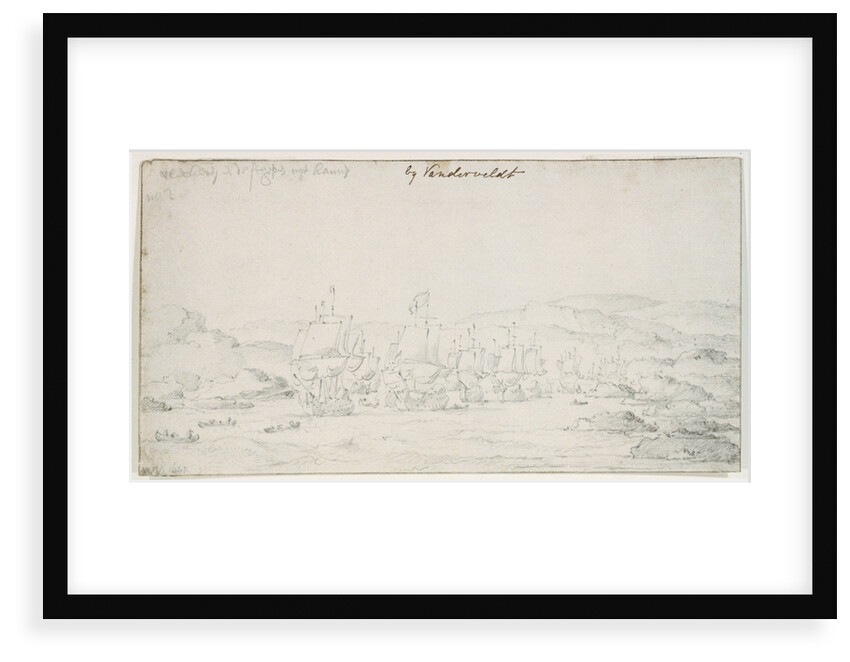 Ships and flutes sailing out from a fjord, probably Flekker, Norway by Willem van de Velde the Elder