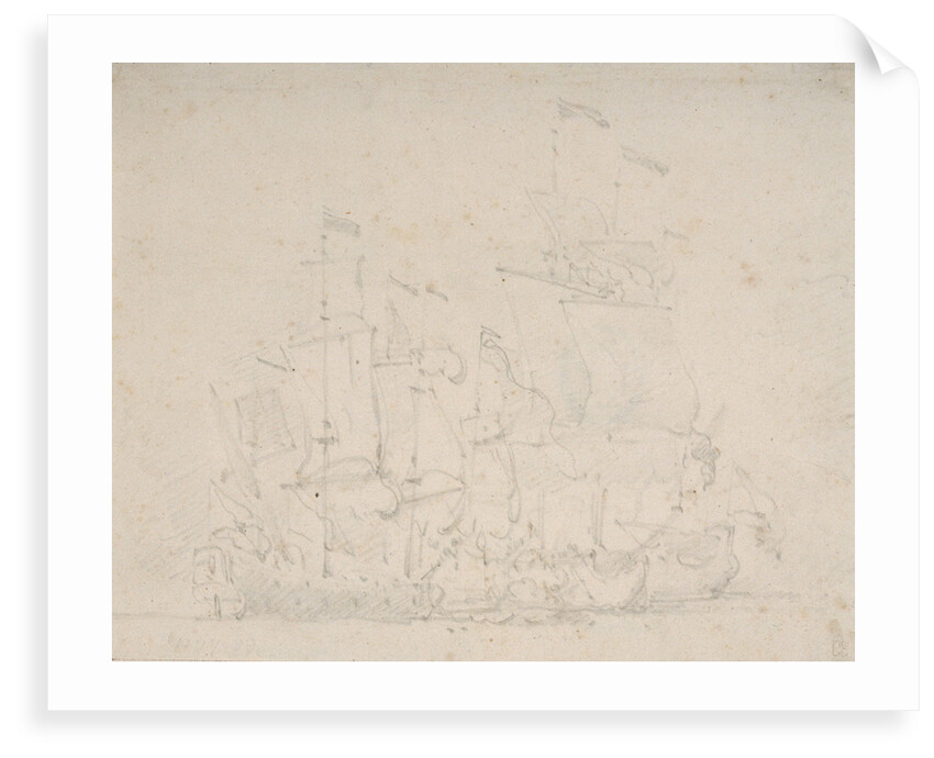 An Indiaman engaged by three Spanish privateers by Willem Van de Velde the Younger