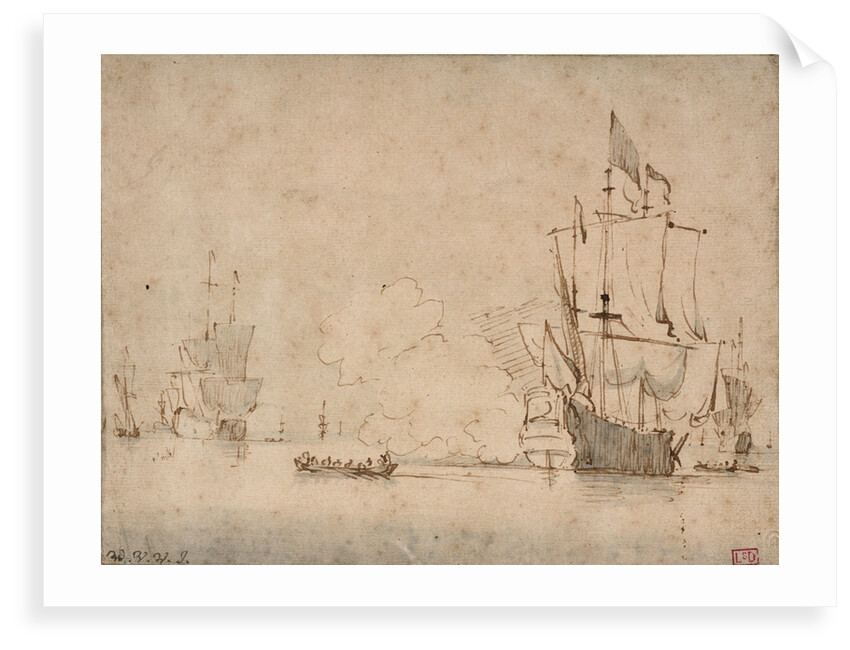 A flagship becalmed firing a salute by Willem Van de Velde the Younger