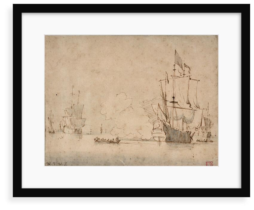 A flagship becalmed firing a salute by Willem Van de Velde the Younger