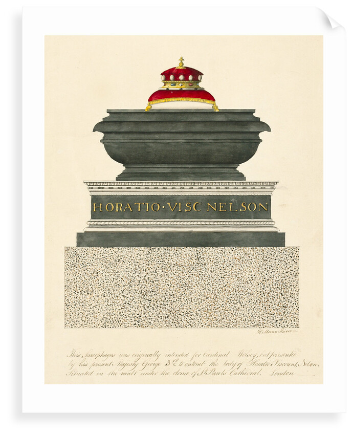 This sarcophagus was originally intended for Cardinal Wolsey, but presented by his present Majesty George 3rd to entomb the body of Horatio Viscount Nelson, situated in the vault under the dome of St Paul's Cathedral, London by H. Munn Sheers