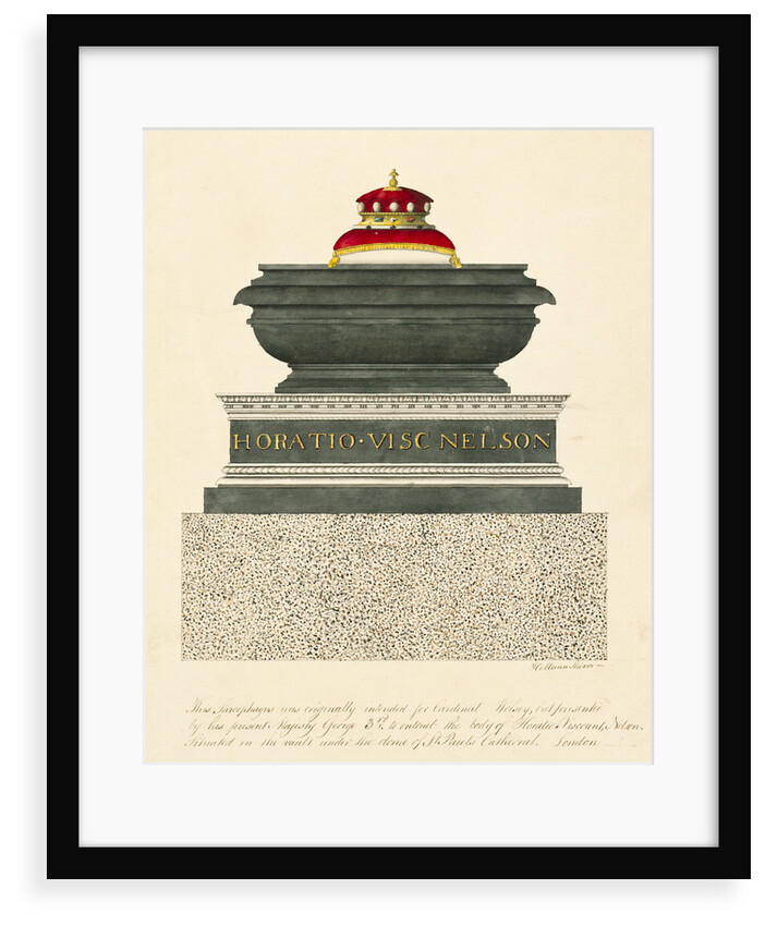 This sarcophagus was originally intended for Cardinal Wolsey, but presented by his present Majesty George 3rd to entomb the body of Horatio Viscount Nelson, situated in the vault under the dome of St Paul's Cathedral, London by H. Munn Sheers