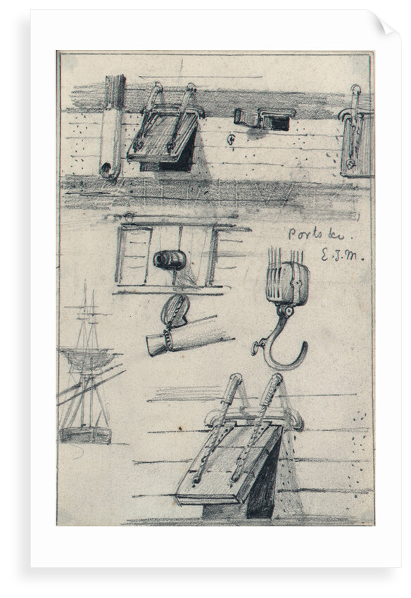Studies of gun ports and four part block of an East Indiaman and a brig seen from ahead with lower yards cockbilled by Edward William Cooke
