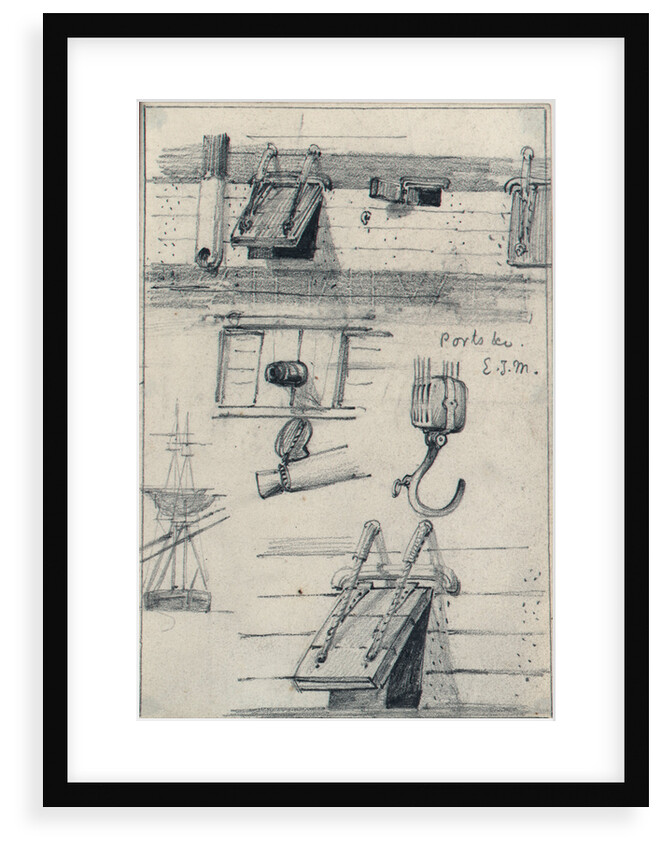 Studies of gun ports and four part block of an East Indiaman and a brig seen from ahead with lower yards cockbilled by Edward William Cooke