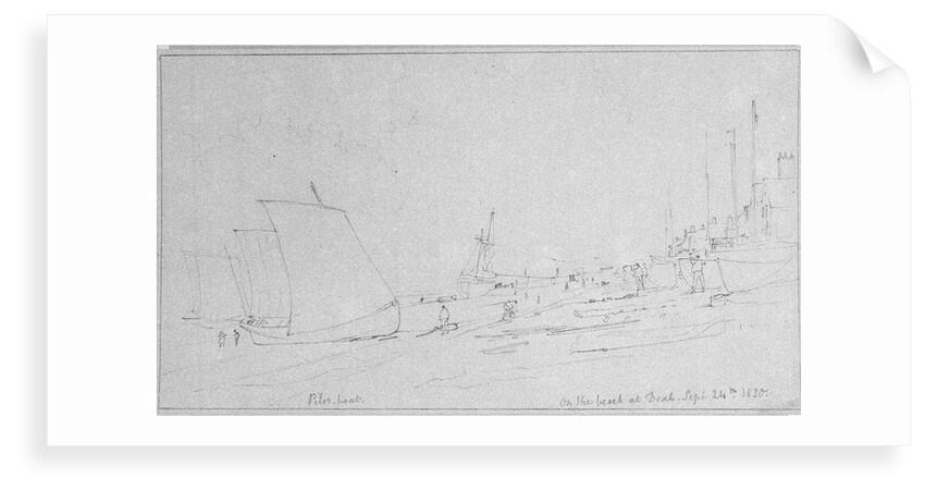 Beach scene at Deal. A pilot boat on shore drying sails by Edward William Cooke