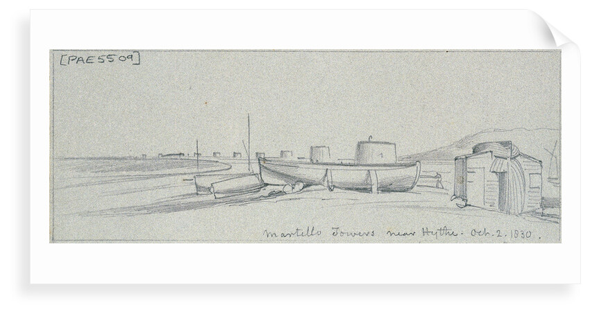 The beach at Hythe with a 'boat' hut, boats drawn up and line of Martello Towers in the distance, 2 October 1830 by Edward William Cooke