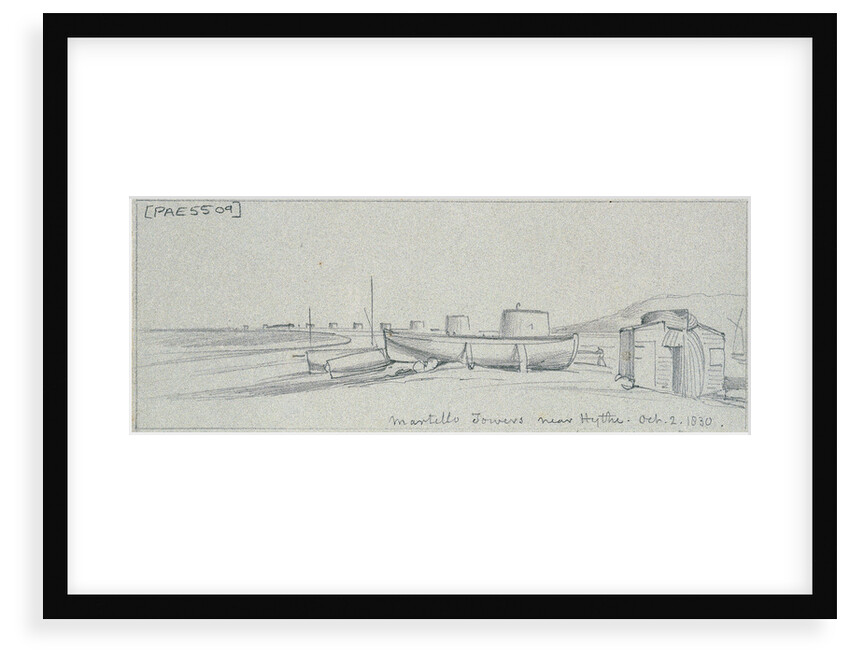 The beach at Hythe with a 'boat' hut, boats drawn up and line of Martello Towers in the distance, 2 October 1830 by Edward William Cooke