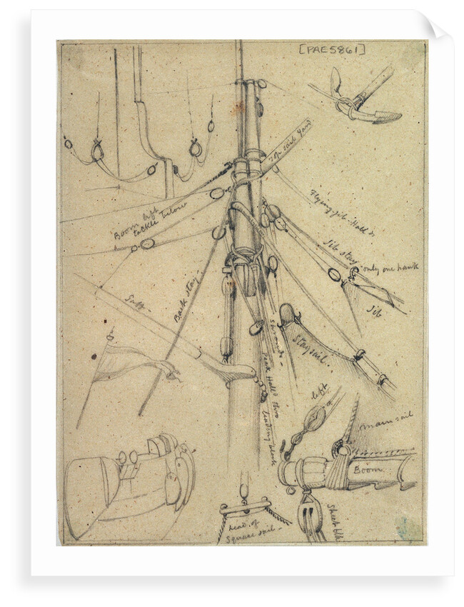 Rigging and other details probably relating to 951; including the main mast head, rudder tackle, anchor and flag by Edward William Cooke