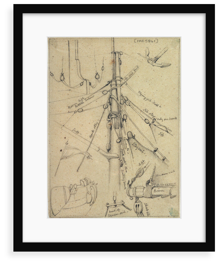 Rigging and other details probably relating to 951; including the main mast head, rudder tackle, anchor and flag by Edward William Cooke