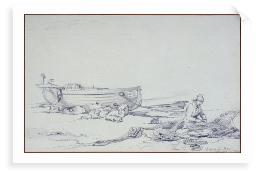 A beached boat (No.30) in Catalan Bay, Gibraltar, with three recumbent figures and one fisherman mending nets by Edward William Cooke