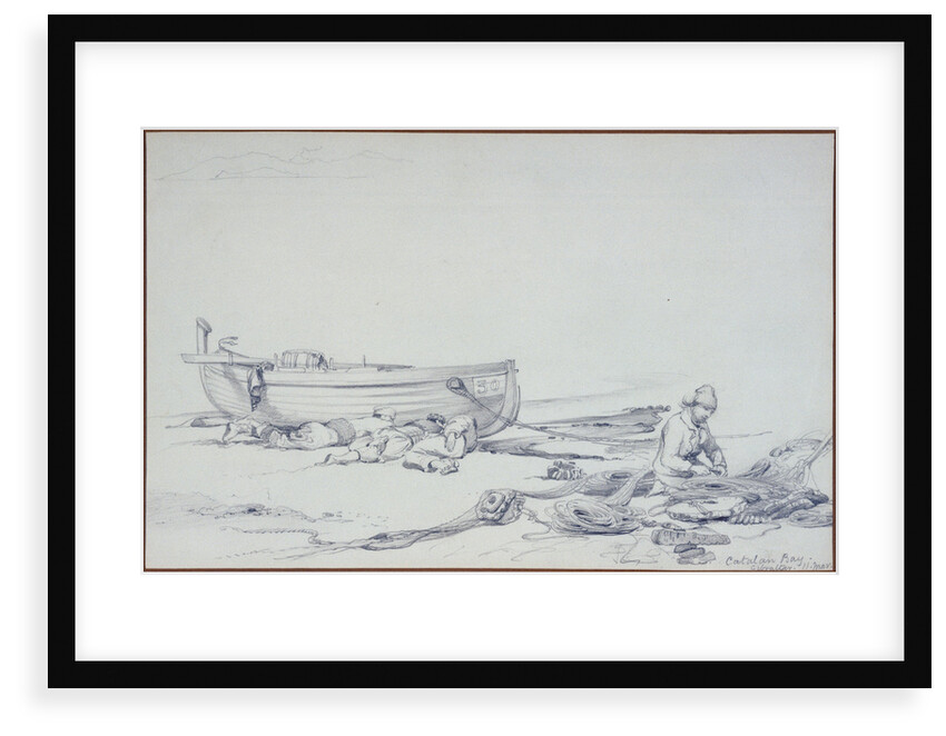 A beached boat (No.30) in Catalan Bay, Gibraltar, with three recumbent figures and one fisherman mending nets by Edward William Cooke