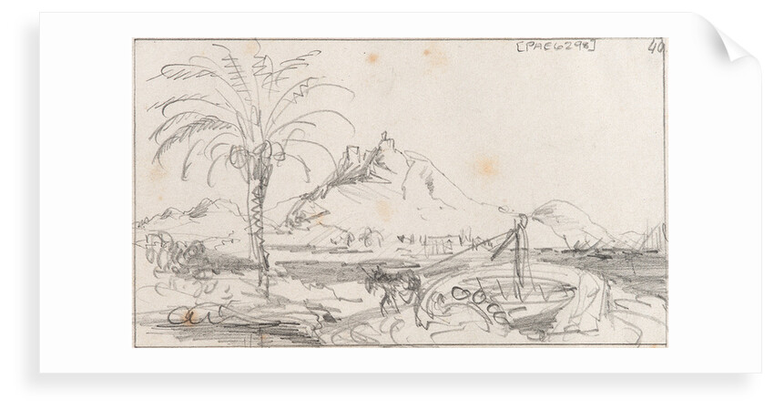 A rough sketch of a harbour with a mule working a well, and a hill and castle behind, possibly Alicante by Edward William Cooke