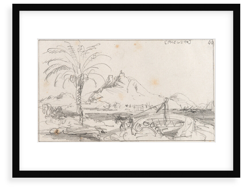 A rough sketch of a harbour with a mule working a well, and a hill and castle behind, possibly Alicante by Edward William Cooke