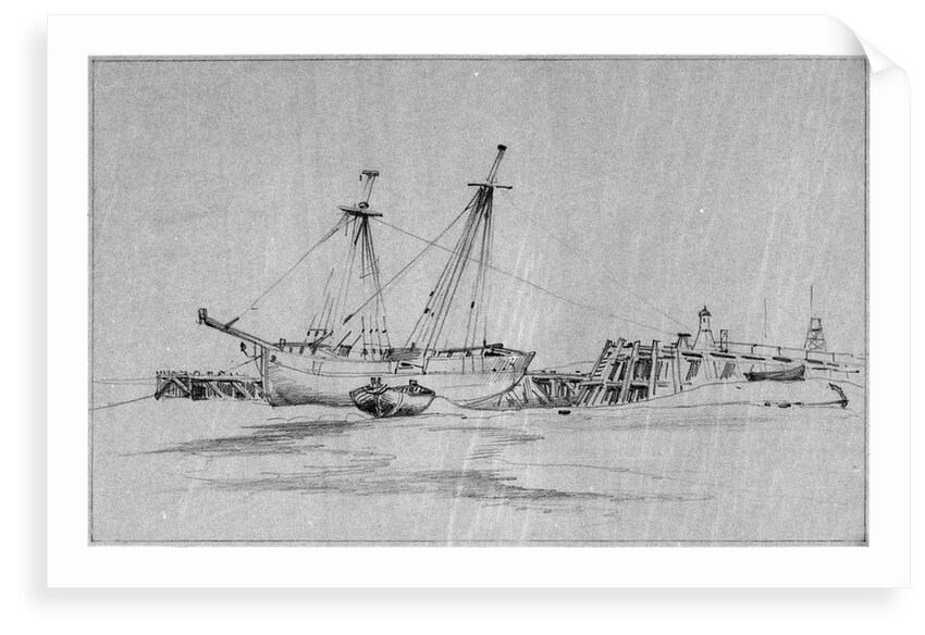 Yarmouth beach looking south with a beach yawl and other small boats drawn up by Edward William Cooke