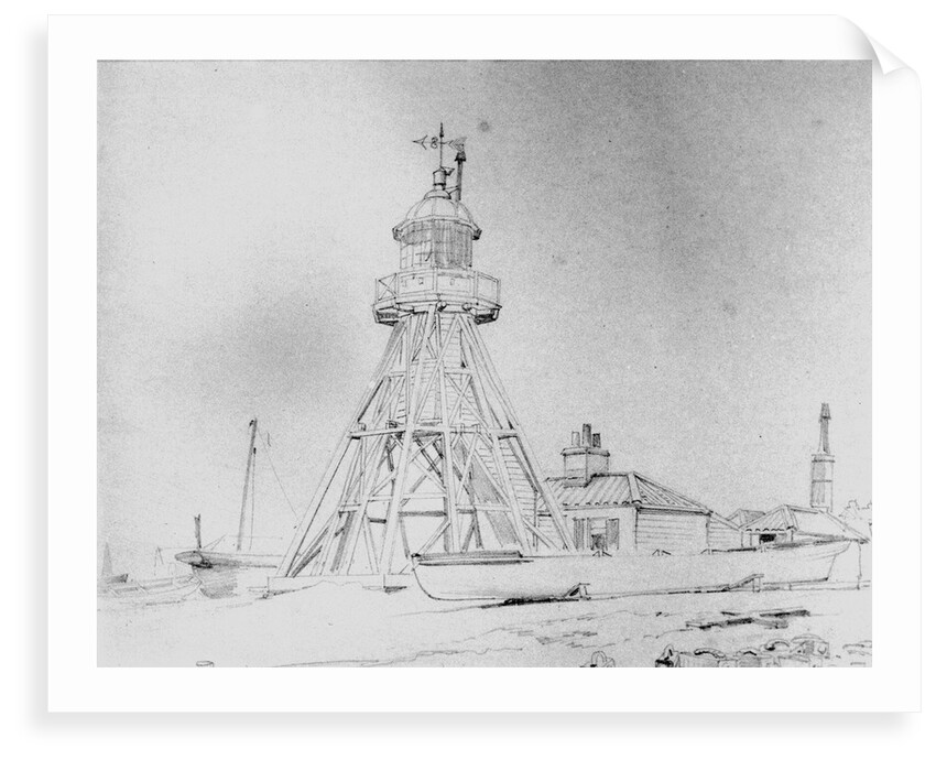 Lowestoft lighthouse, a detailed study, with a beach yawl and other craft, and a pile of ballast pigs in the foreground by Edward William Cooke