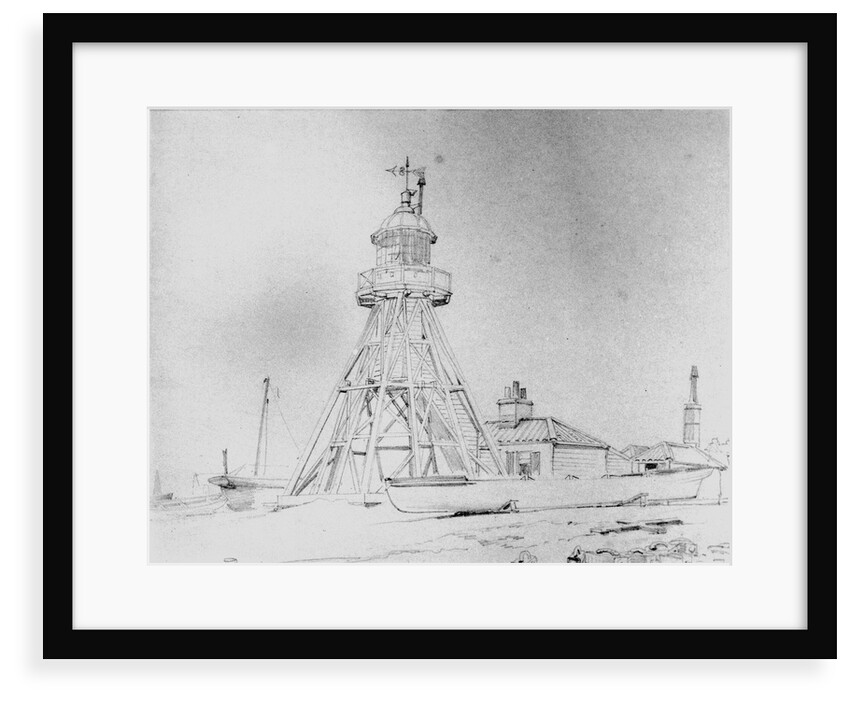 Lowestoft lighthouse, a detailed study, with a beach yawl and other craft, and a pile of ballast pigs in the foreground by Edward William Cooke