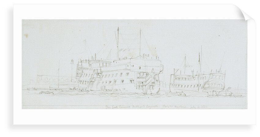 The York Convict Hulk in Portsmouth Harbour with another hulk beyond by Edward William Cooke