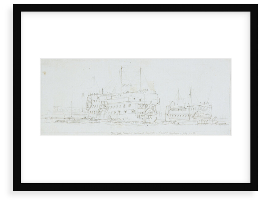 The York Convict Hulk in Portsmouth Harbour with another hulk beyond by Edward William Cooke