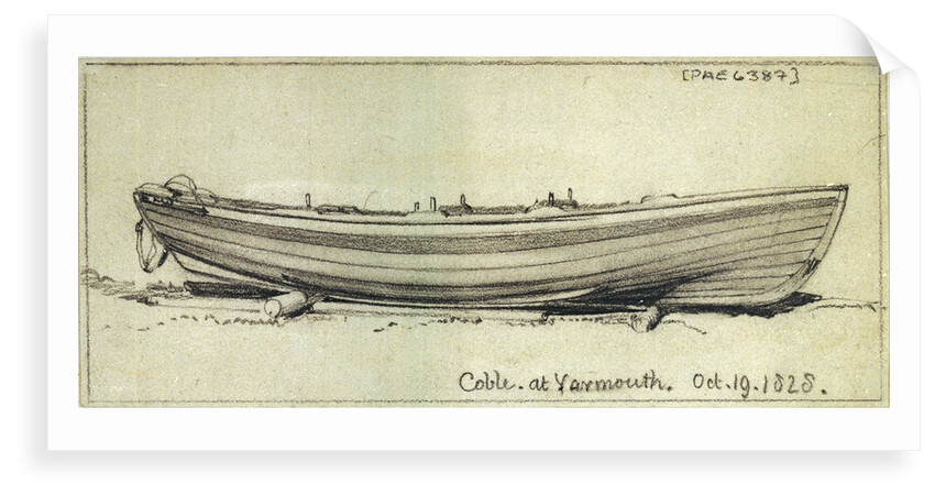 A coble hauled up on rollers on Yarmouth beach. Starboard side by Edward William Cooke