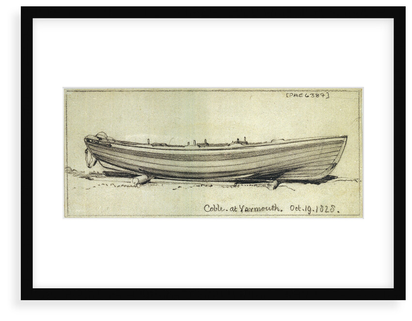 A coble hauled up on rollers on Yarmouth beach. Starboard side by Edward William Cooke
