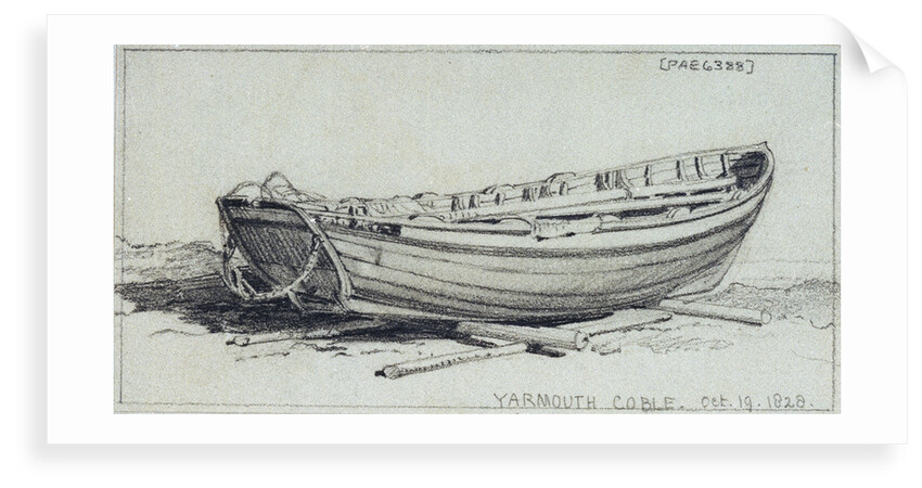 A coble hauled up on rollers on Yarmouth beach. Starbord quarter by Edward William Cooke